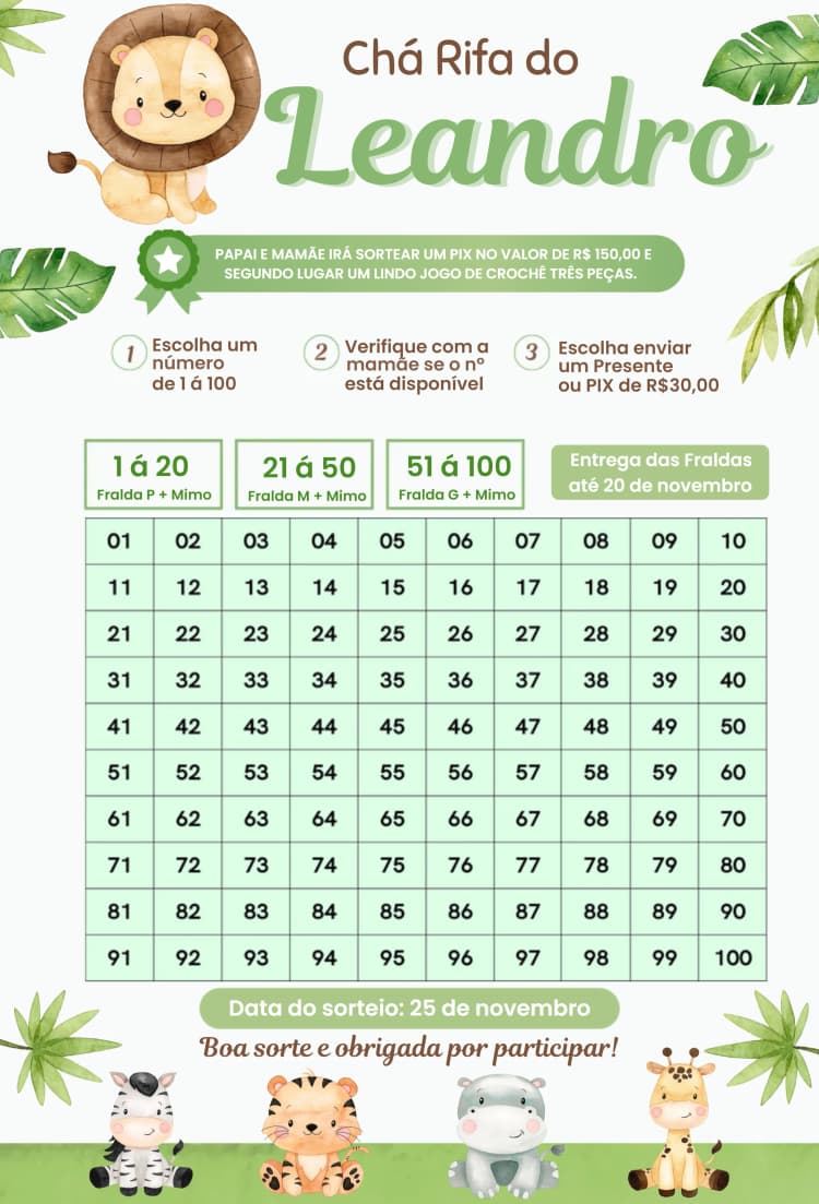 Invitación Safari Animales León – tema Té Rifa safari, naturaleza, colorido, divertido, infantil, ilustraciones