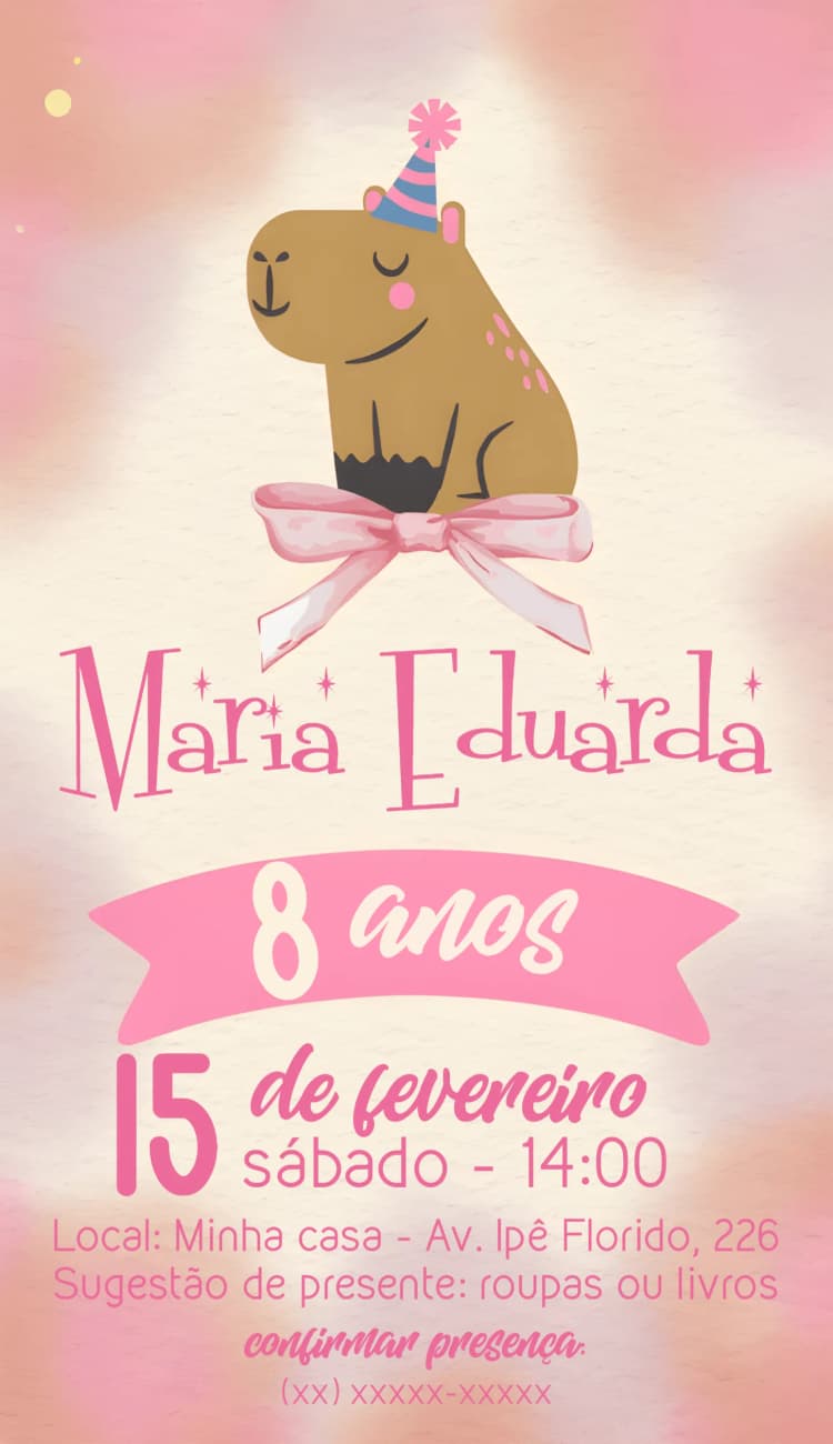 Invitation Capivara Capibara – Kids' Birthday Party theme pink, animals, playful, fun, childlike